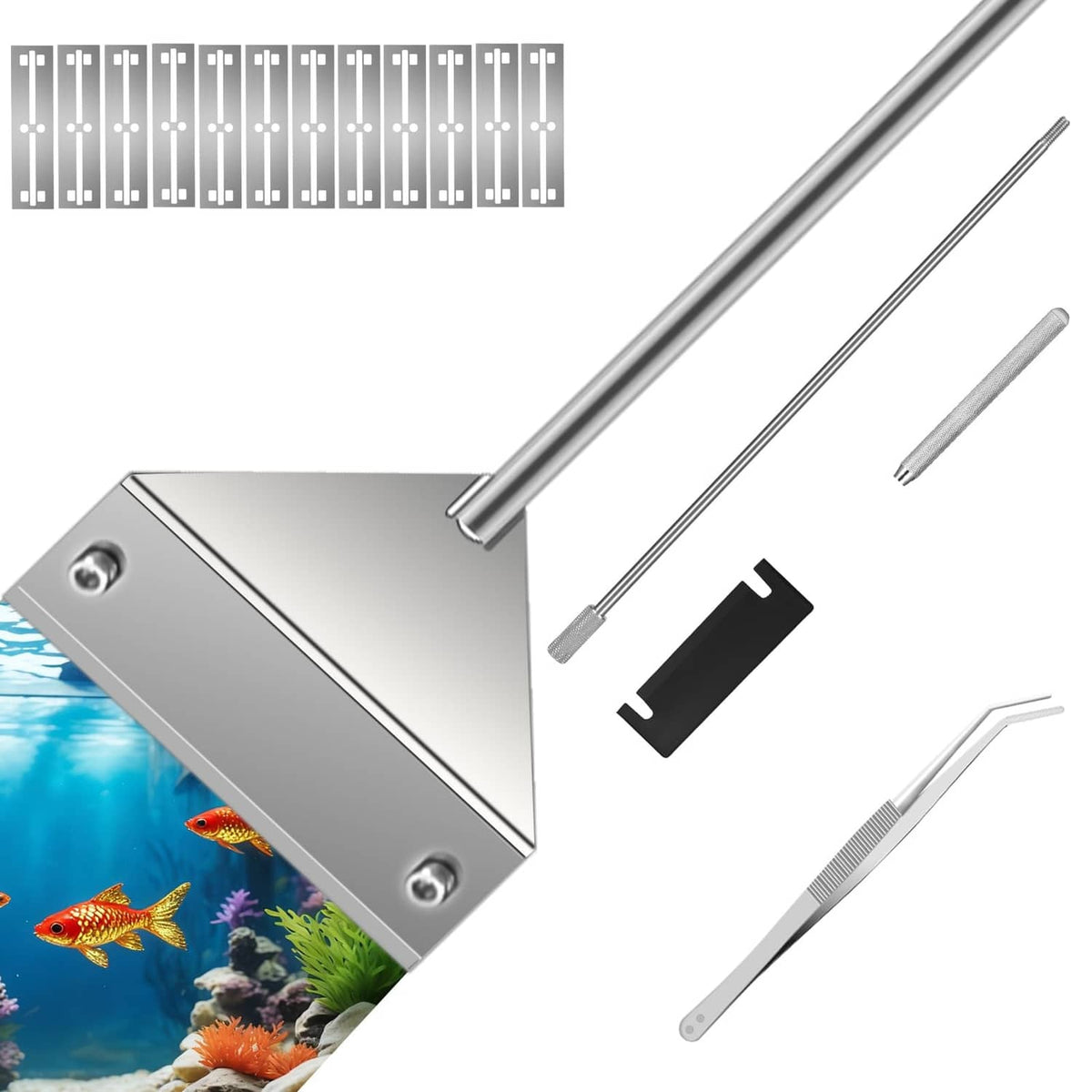 Stainless steel aquarium algae scraper head with long handle rods and tools, silver