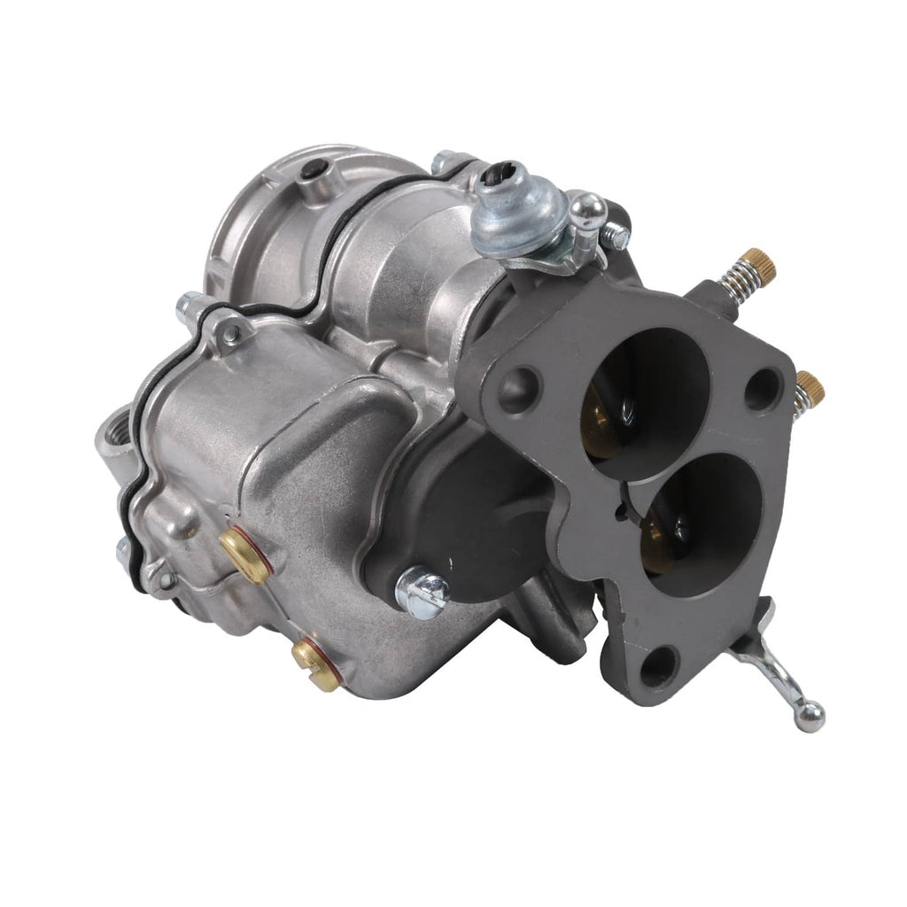 2-barrel carburetor with twin intake bores, silver housing, and side-mounted parts