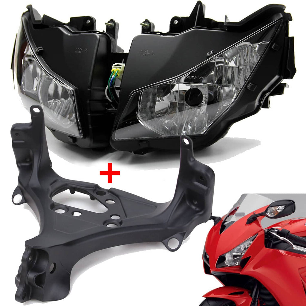 Black headlight assembly and upper fairing stay bracket with two clear-lens lamp housings