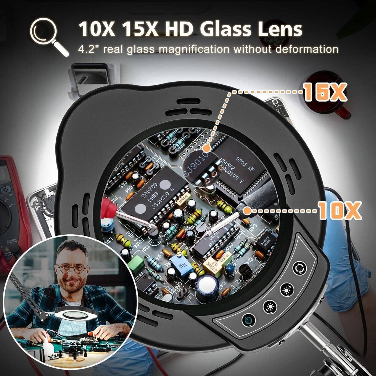Black magnifying lens lamp showing magnified view over a circuit board