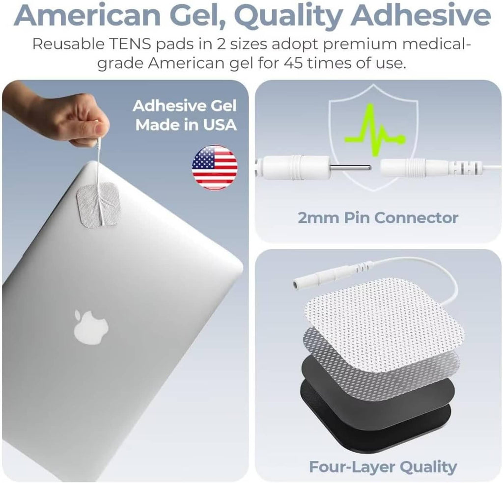 Reusable adhesive gel TENS pads and 2mm pin connector with electrode lead