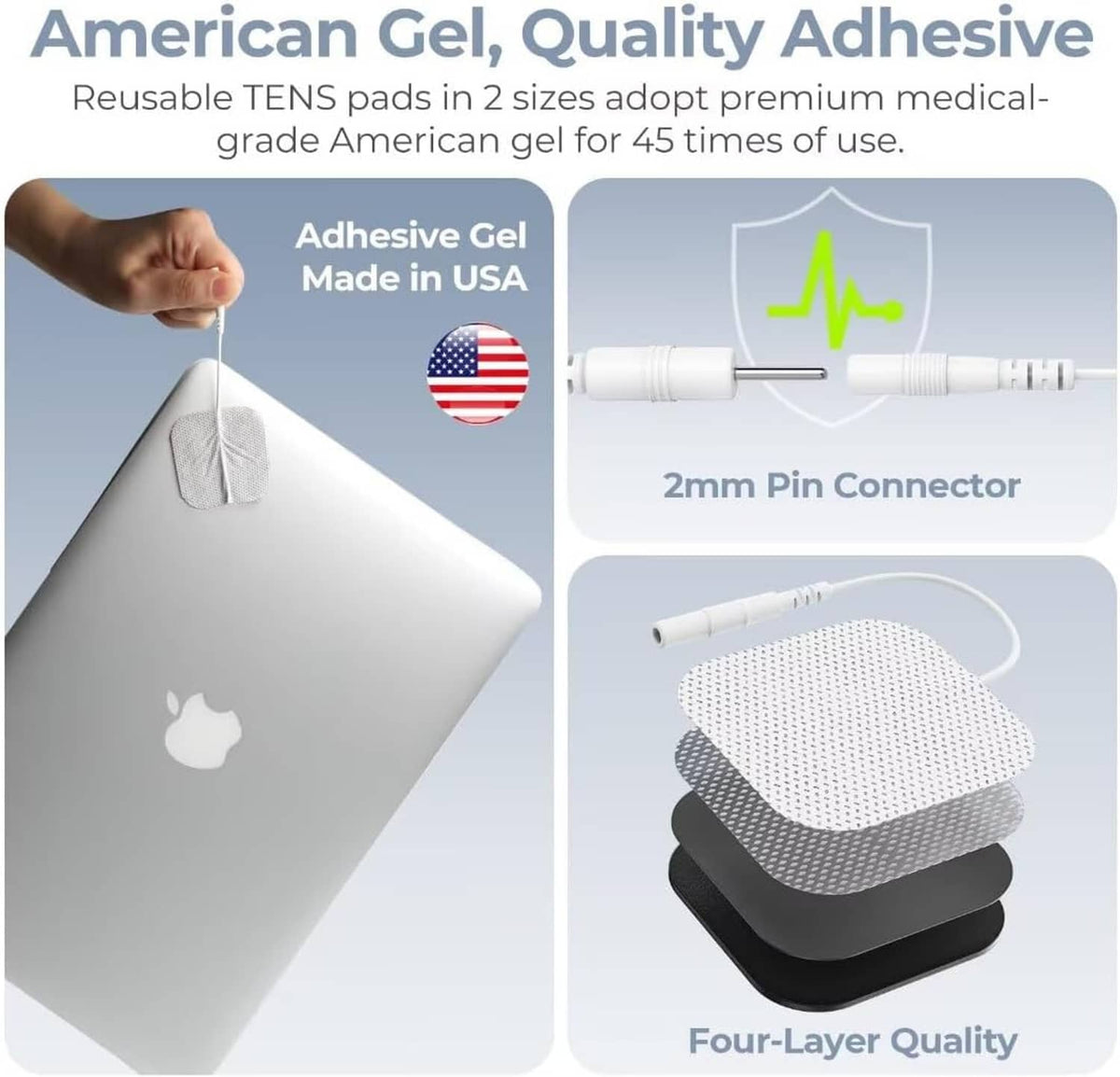 Reusable adhesive gel TENS pads and 2mm pin connector with electrode lead
