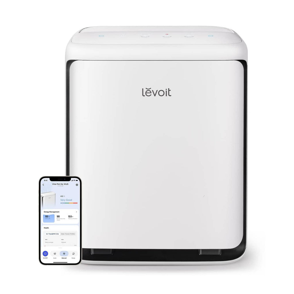 LEVOIT white air purifier with front panel and top handle, large room design.