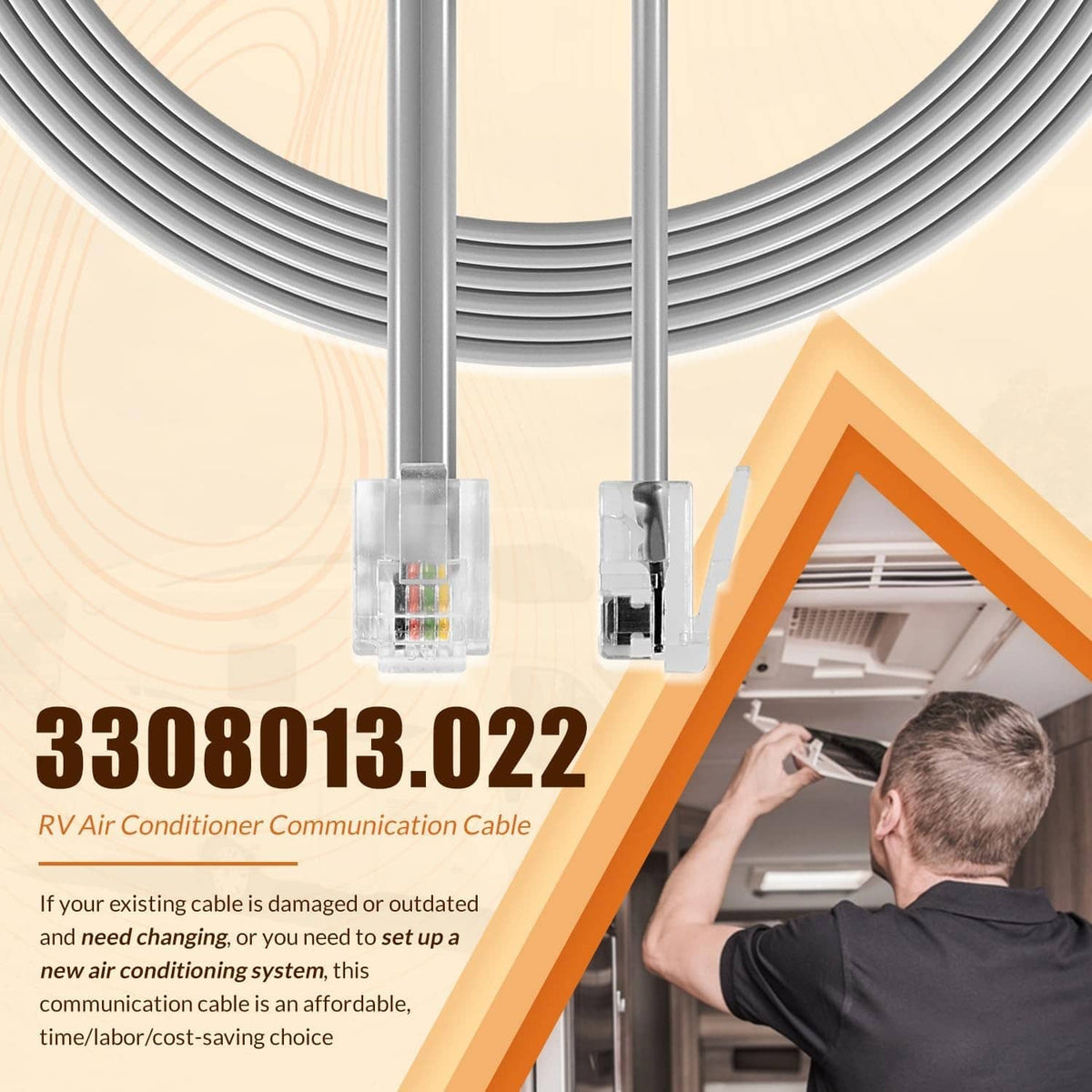 RV air conditioner communication cable, close-up of clear RJ-11 connector and gray cable