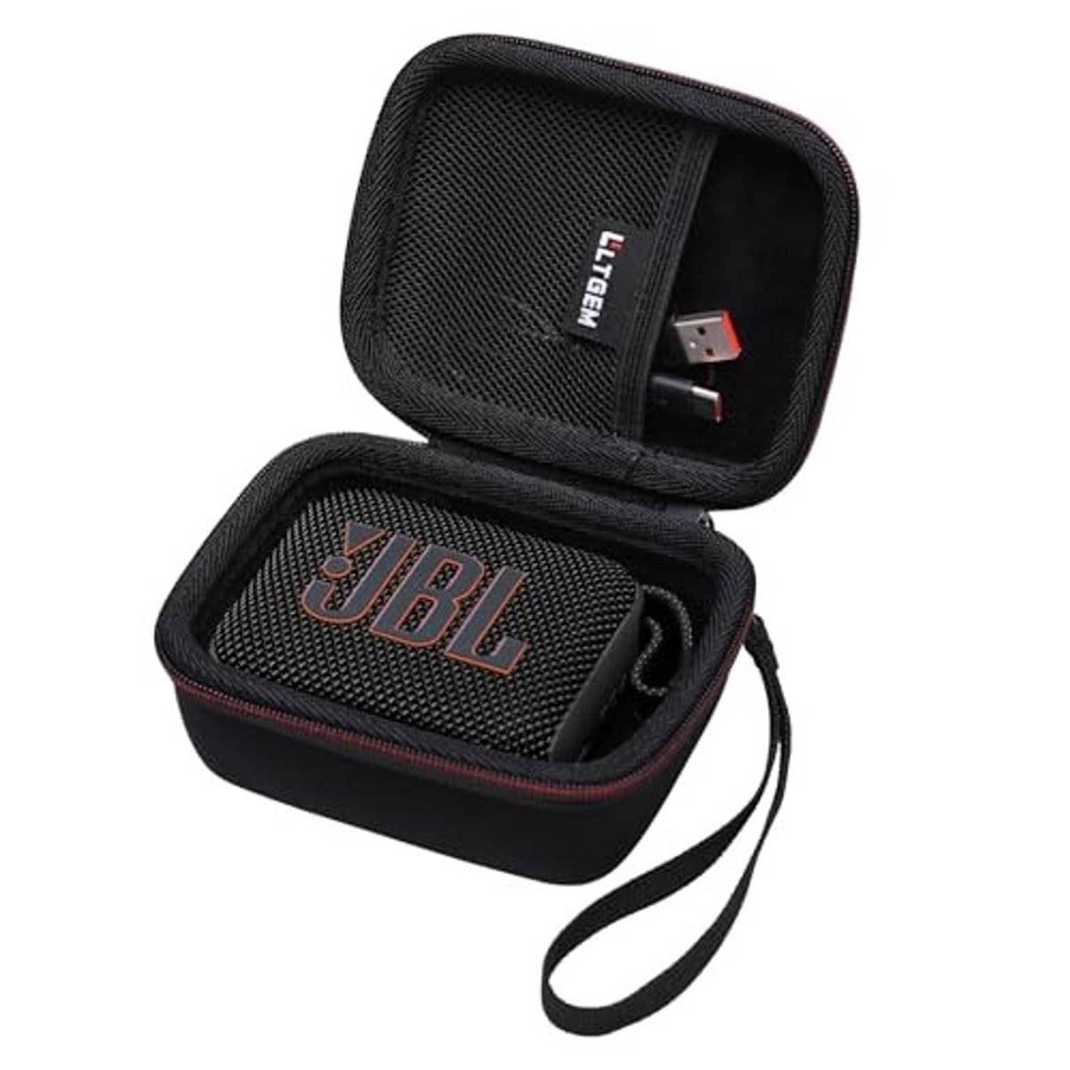 Black portable speaker case, zip-open view with JBL inner pocket and built-in wrist strap.
