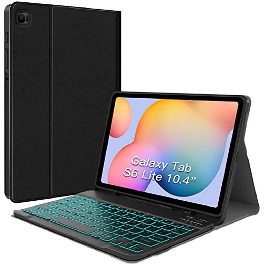 Black tablet keyboard case with teal backlit keys and protective back cover