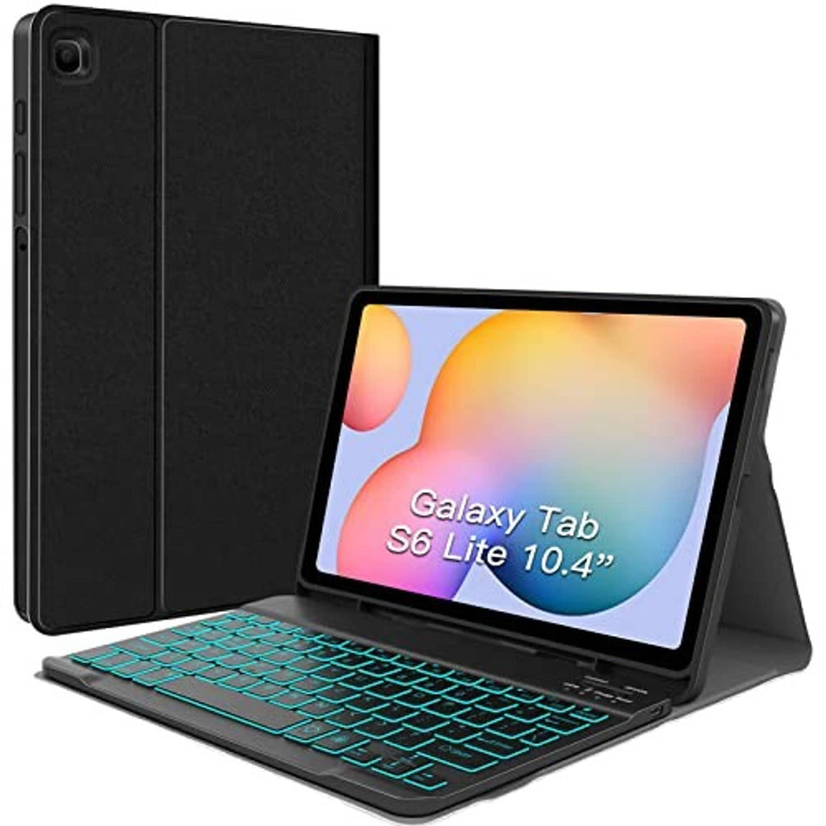 Black tablet keyboard case with teal backlit keys and protective back cover