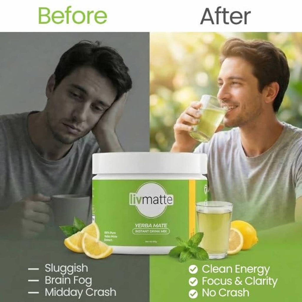 Before-and-after lifestyle graphic with Yerba mate instant tea powder tub and lemonade