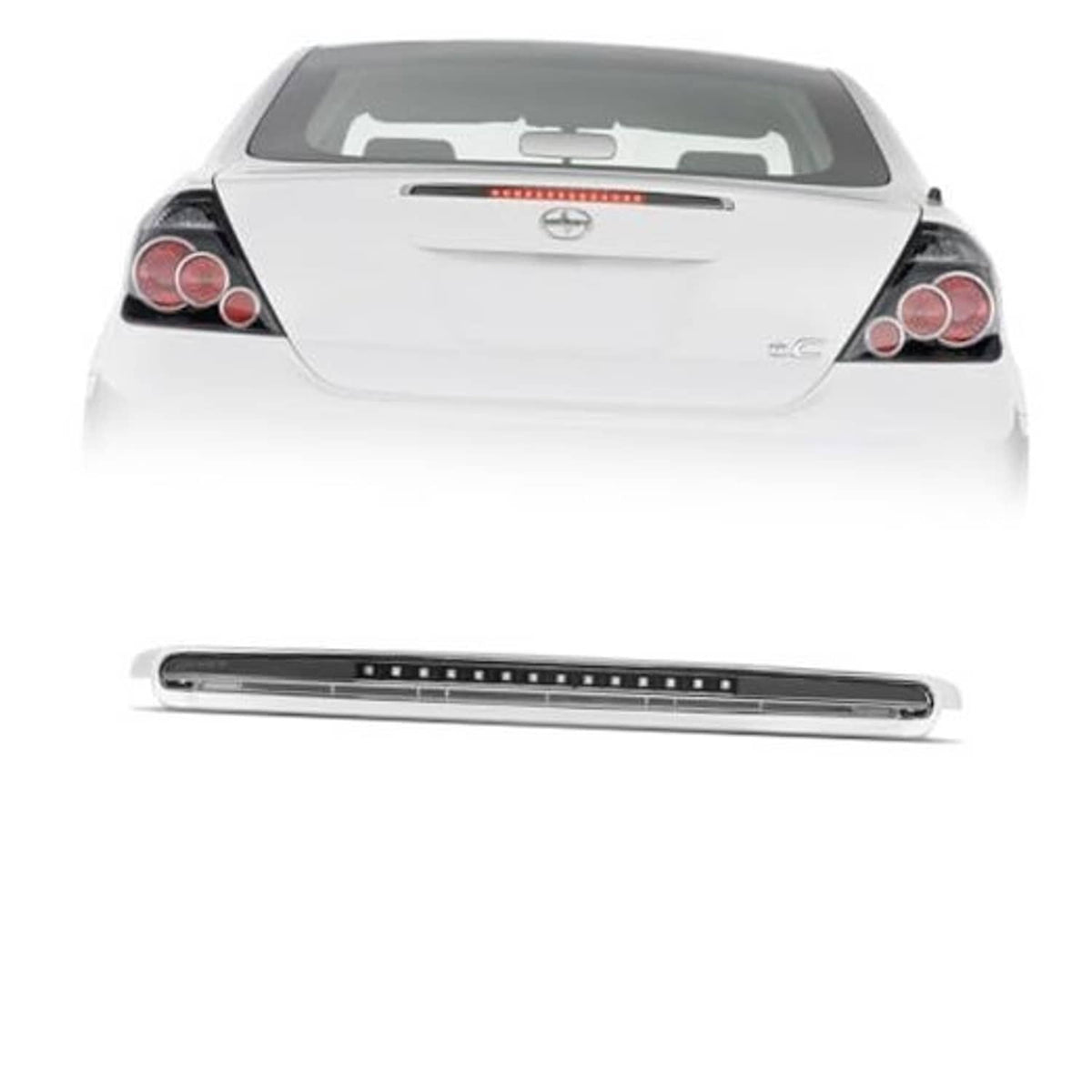 Unlit third brake light bar with red LED strip, chrome housing for car rear