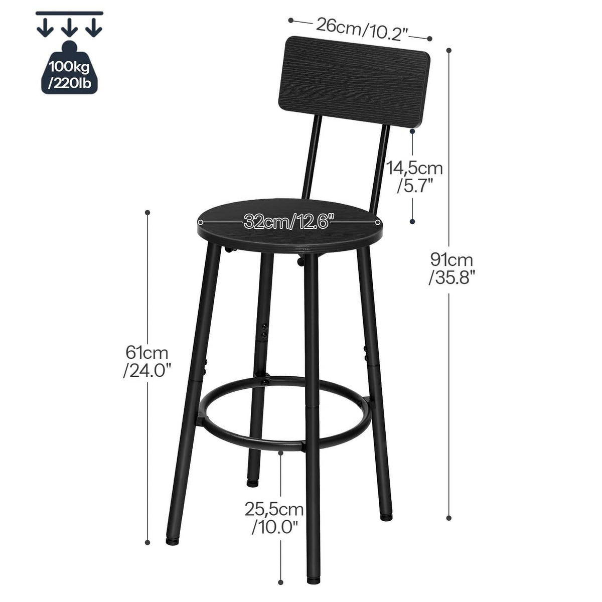 Black bar stool with round seat, curved backrest, four legs, and circular footrest