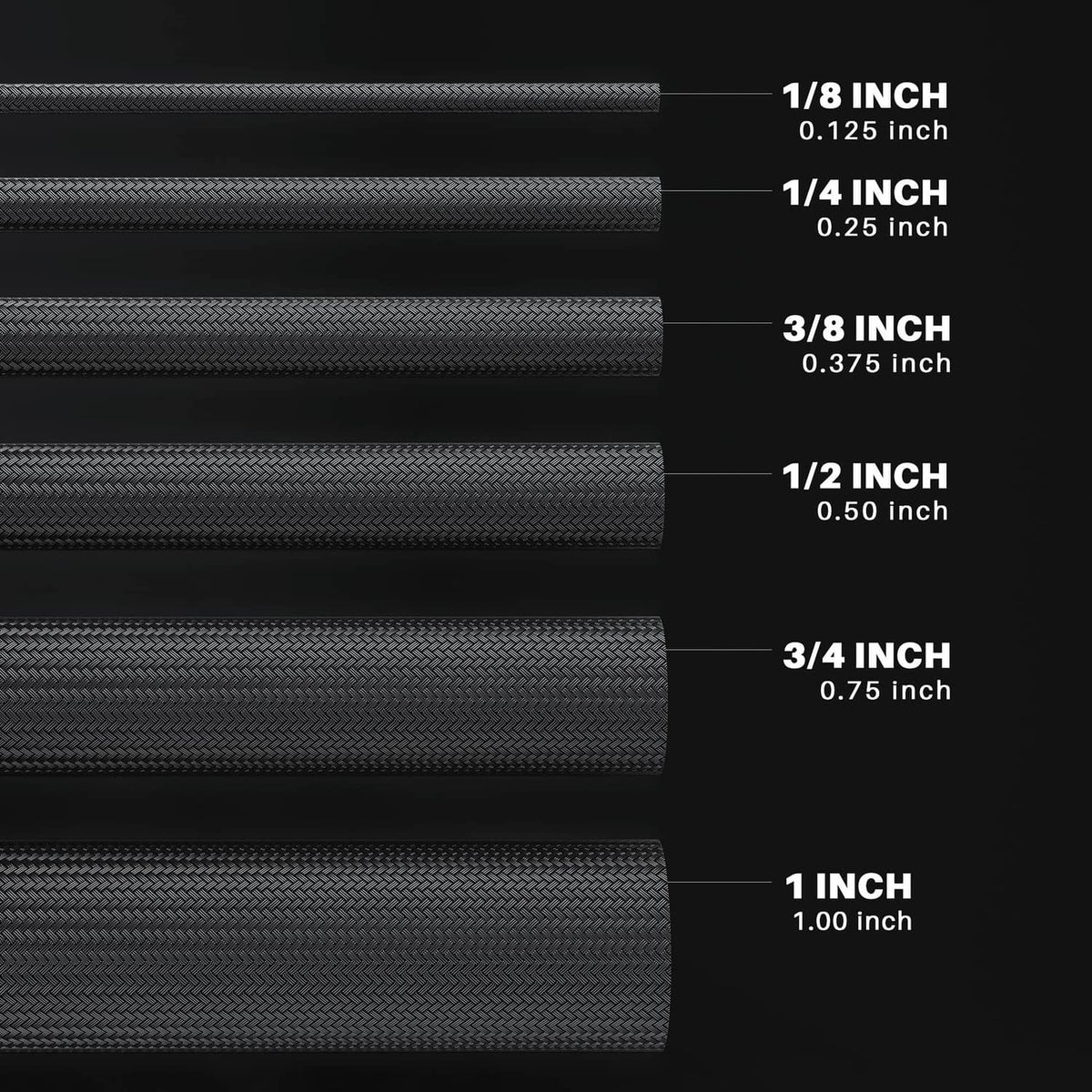 Black braided expandable sleeve size chart, includes 1/4 inch diameter
