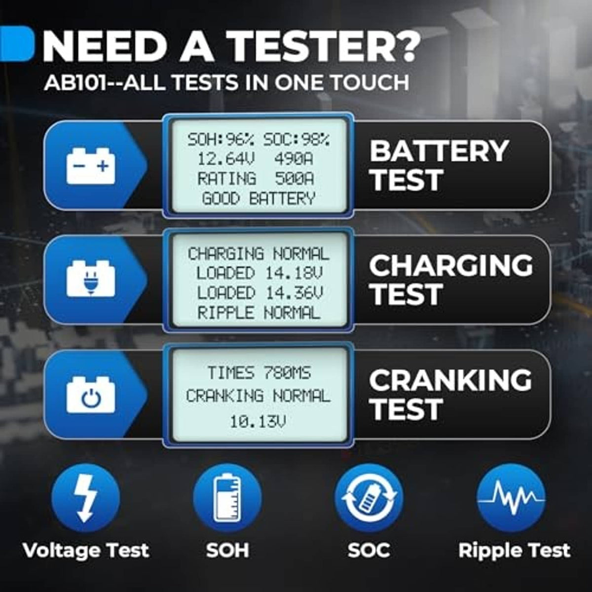 Battery test, charging test, and cranking test icons on AB101 tester display