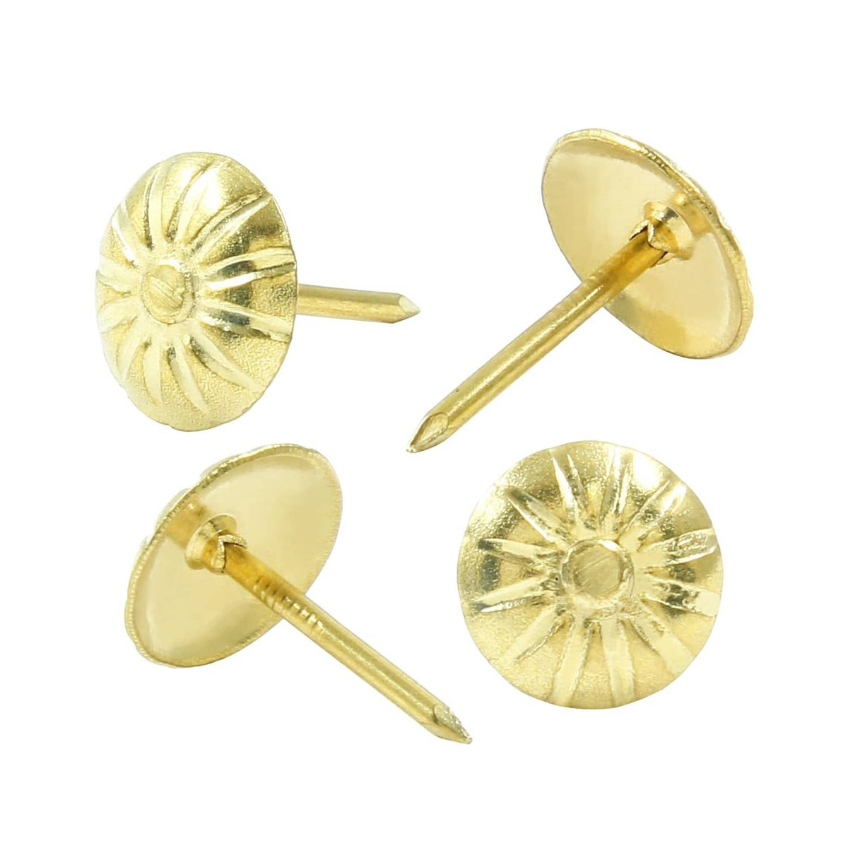 Antique gold brass upholstery tacks with round star caps, four views