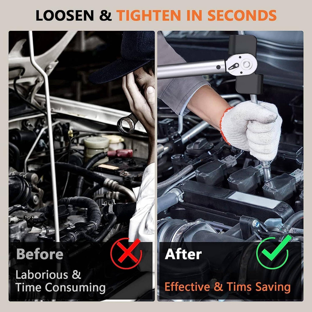 Wrench extender adapter attached to socket wrench in an engine bay