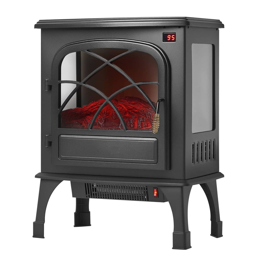 Freestanding electric fireplace heater with arched glass front, red flame glow, digital 95