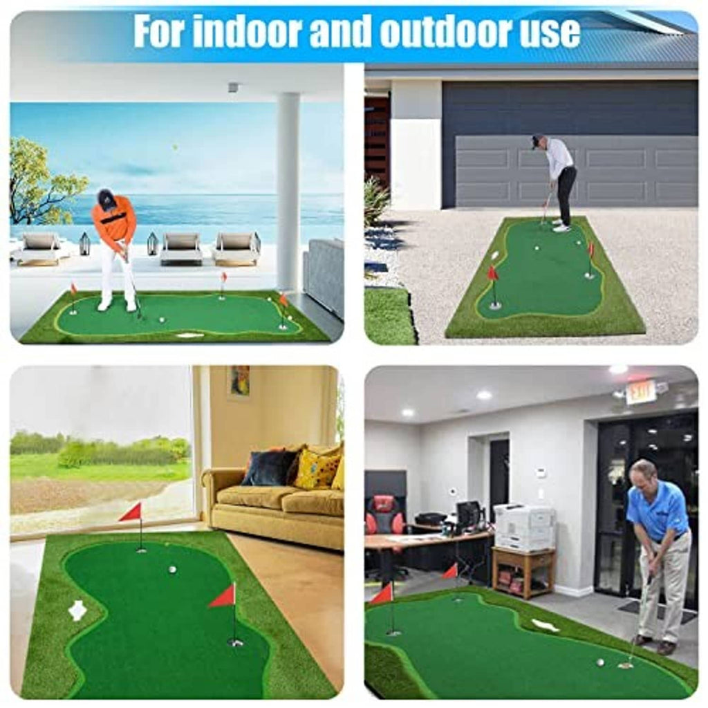 Green golf putting green mat shown in indoor and outdoor settings with tee targets