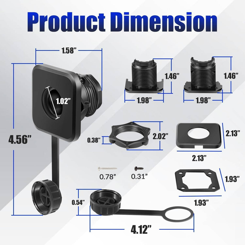Bulkhead connector kit dimensions diagram with faceplate, fittings, and mounting pieces