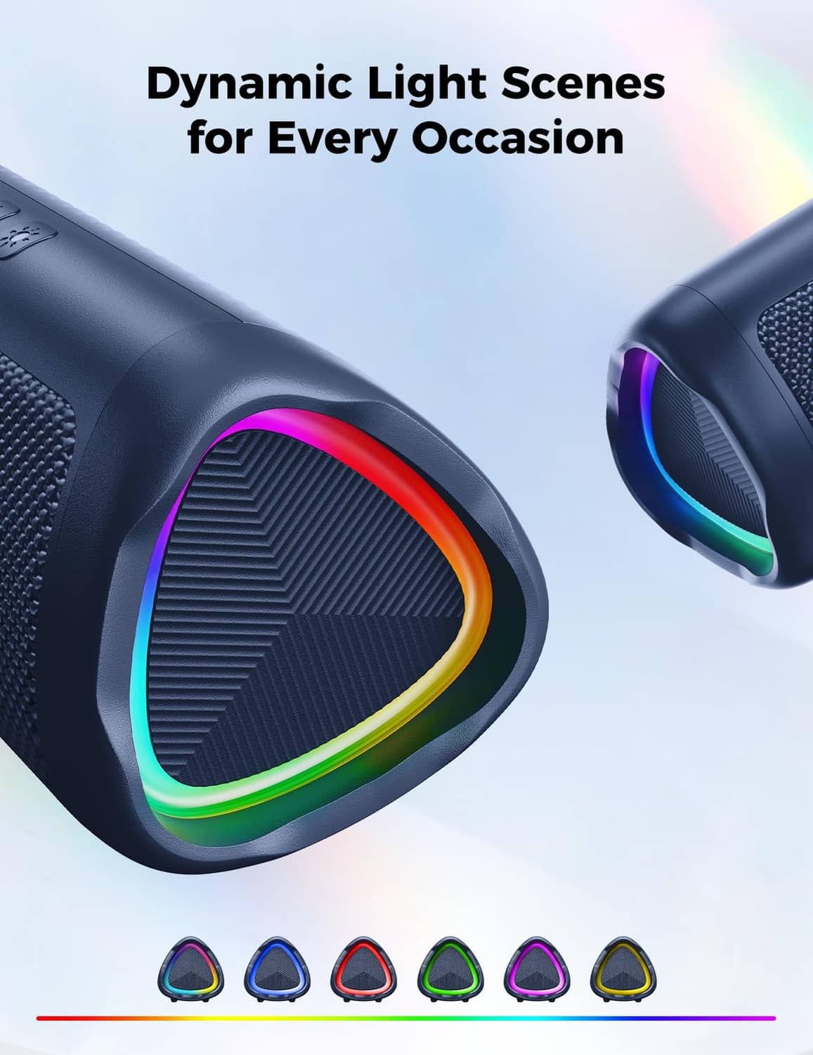 Navy Bluetooth speaker with curved side RGB light ring and textured speaker grille