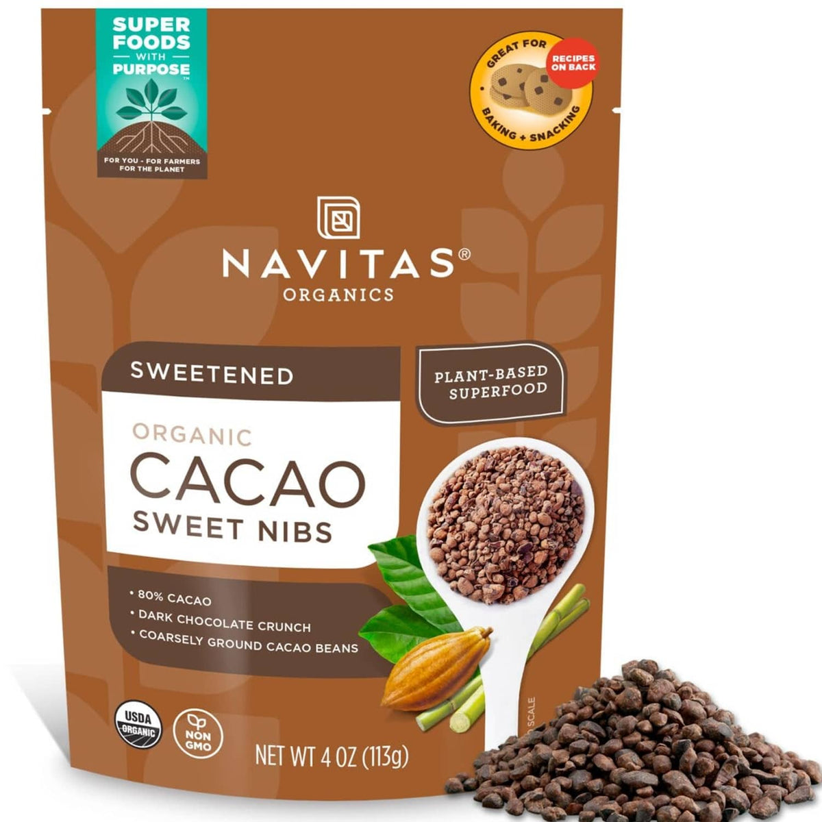 Sweetened organic cacao nibs bag, brown pouch with cacao sweet nibs label