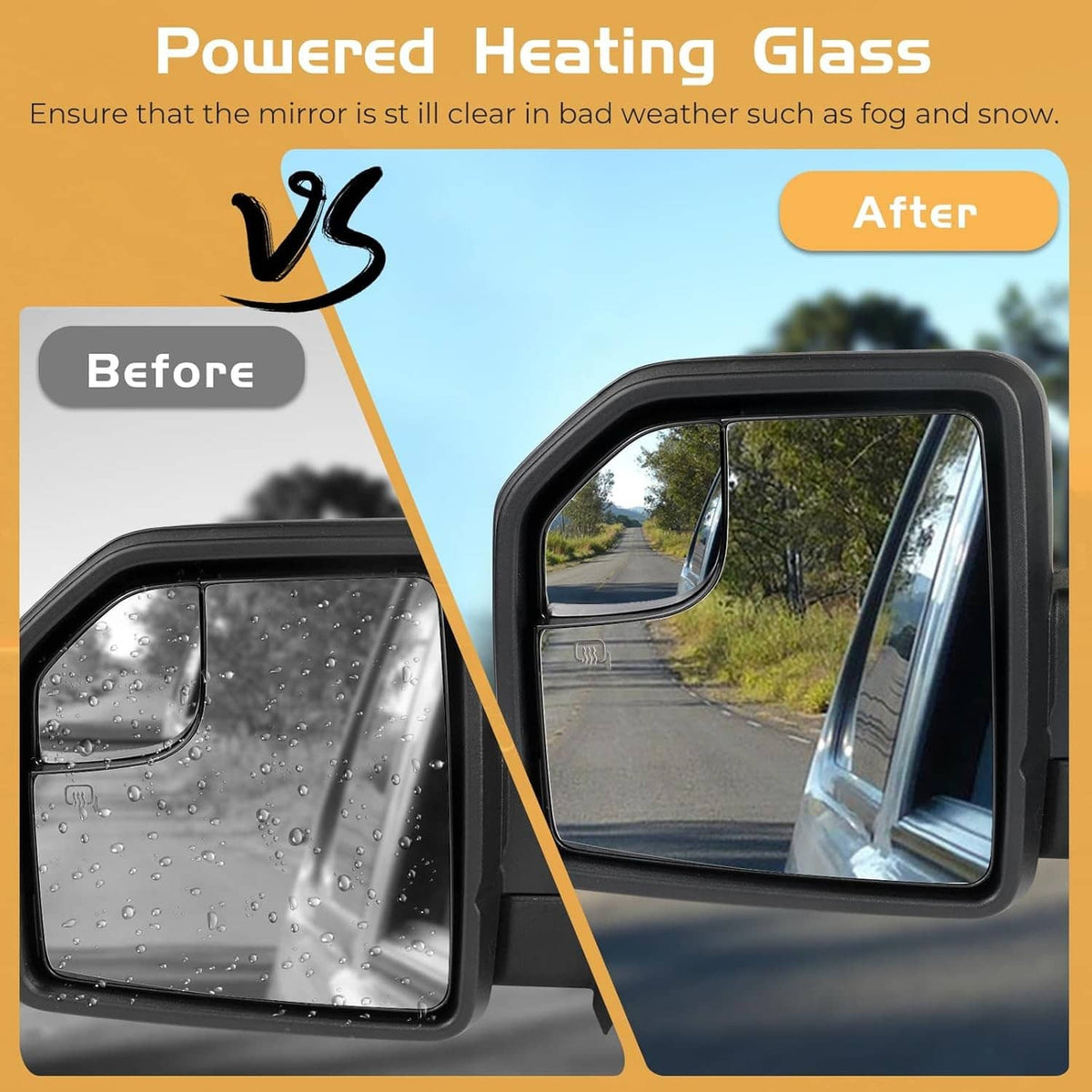 Heated passenger side mirror with clear glass in a black frame, replacement