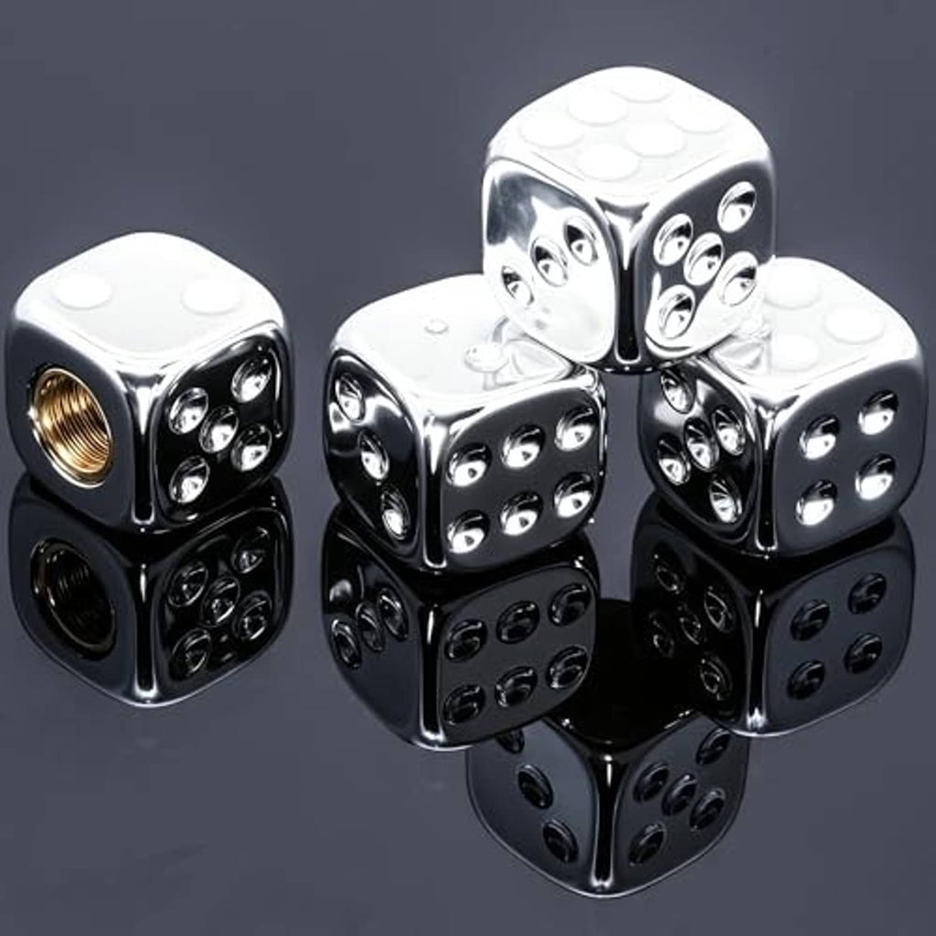 Silver chrome dice-shaped tire valve stem caps, glossy faces with black reflections