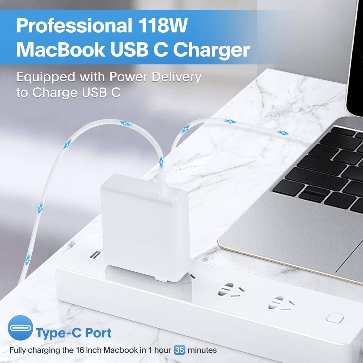 White USB-C charger and cable charging a laptop on a desk