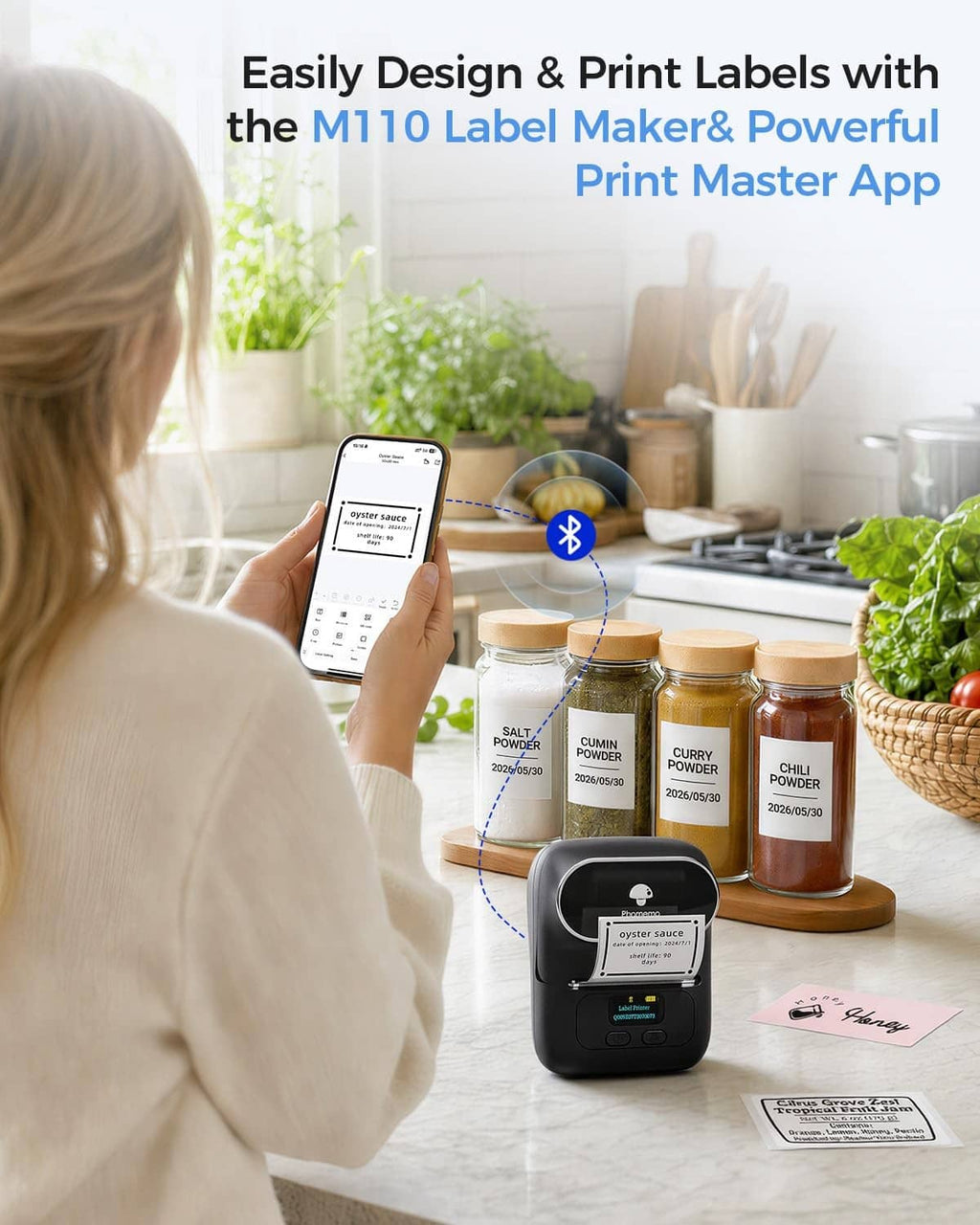 Mobile app controlling label maker while a label printer rests on a countertop
