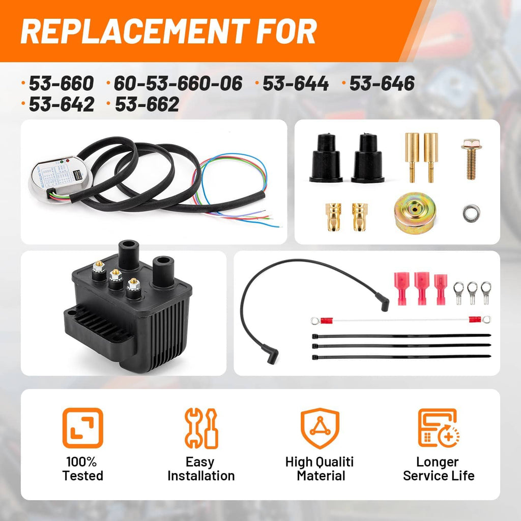 Single-fire ignition kit with ECU module, ignition coil set, wiring harness, and installation hardware