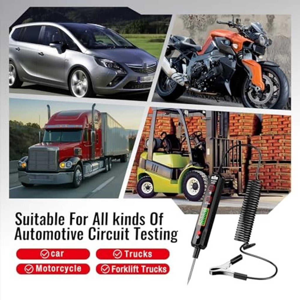 Automotive circuit tester with LED display, coiled spring lead, probe tip, and alligator clips