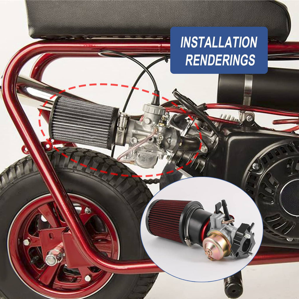 Air filter adapter jet kit set installed with red cone air filter and carburetor