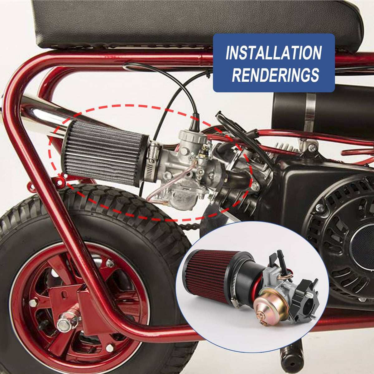 Air filter adapter jet kit set installed with red cone air filter and carburetor
