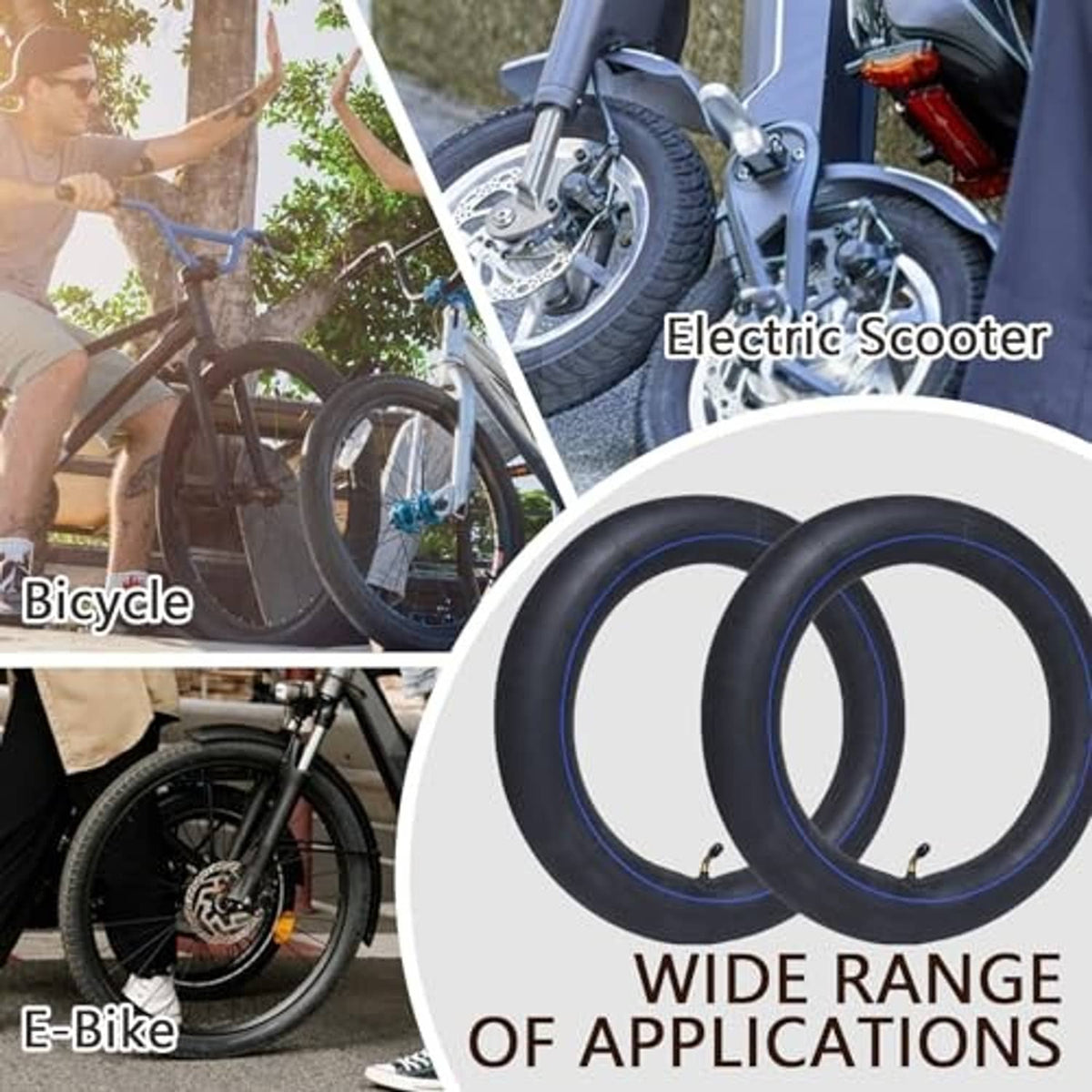 Black inner tube pair with blue stripe and valve stems, shown with wheels