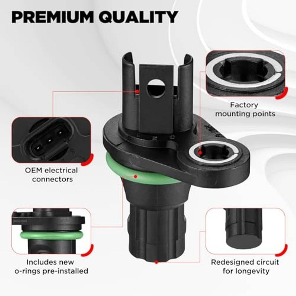 Black camshaft position sensor with two-prong connector and green O-ring seal