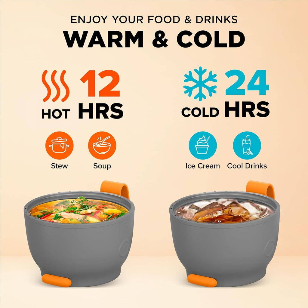 Vacuum insulated food jar bowls, gray with orange accents and wide openings