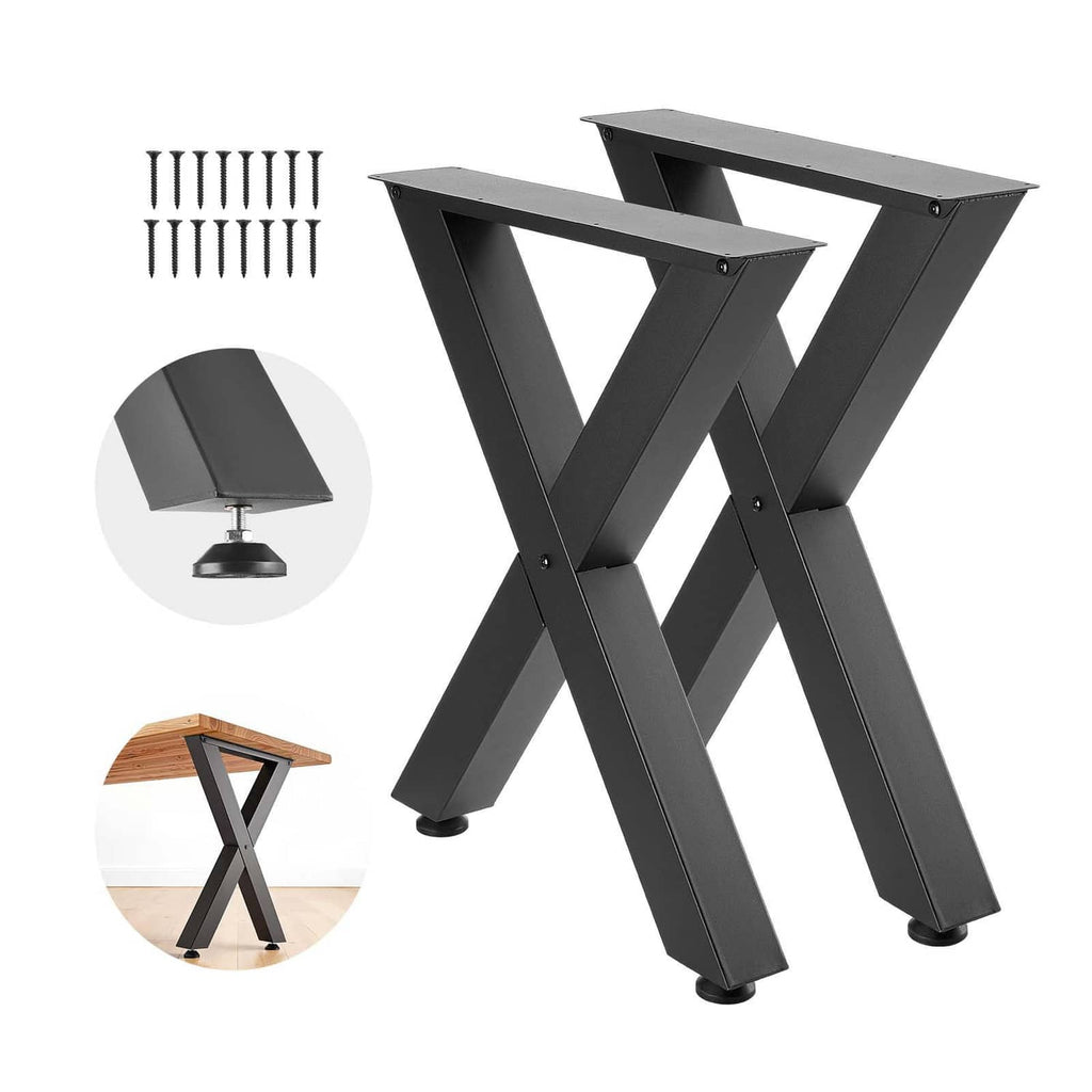 Black steel X-frame table legs with mounting plates and leveling rubber feet (set of 2).