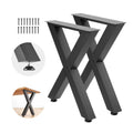 Black steel X-frame table legs with mounting plates and leveling rubber feet (set of 2).