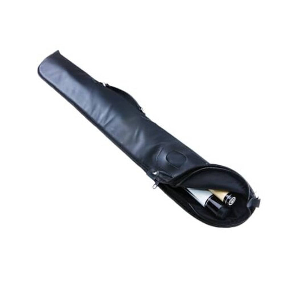 Soft black PU pool cue case with zipper opening and inner pocket for cues
