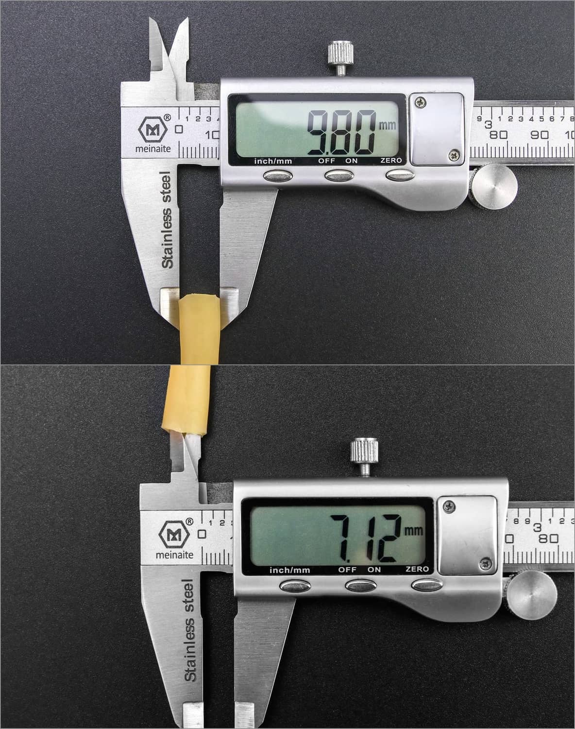 Natural latex rubber tubing, yellow tubing end measured with vernier calipers