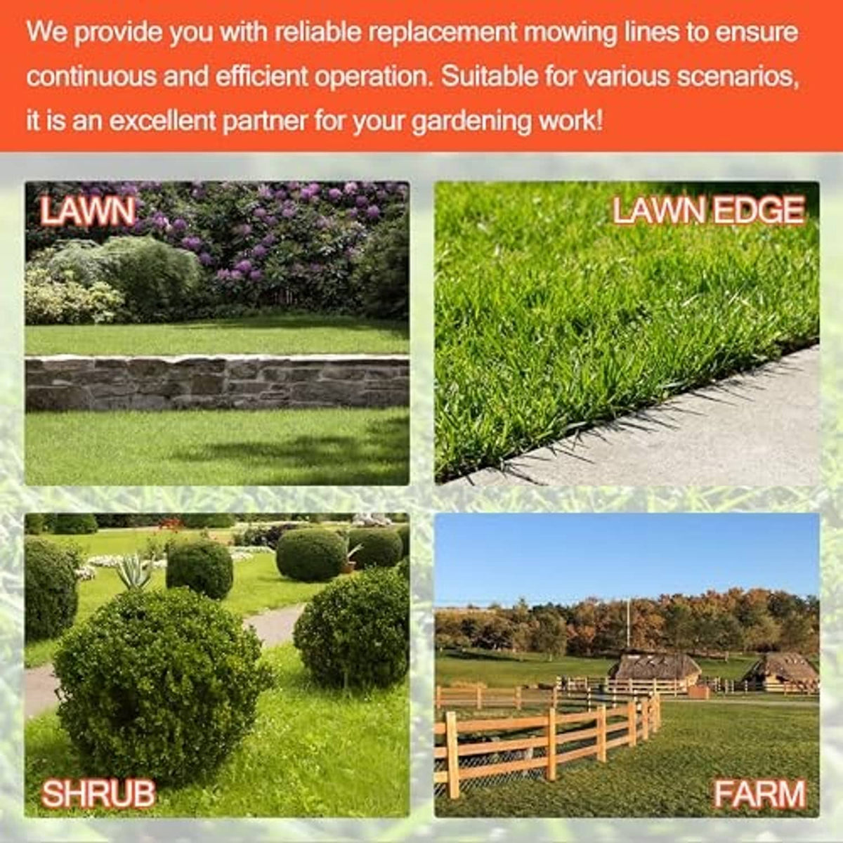 Gardening trimming line replacement collage showing lawn, edging, shrubs, and farm scenes