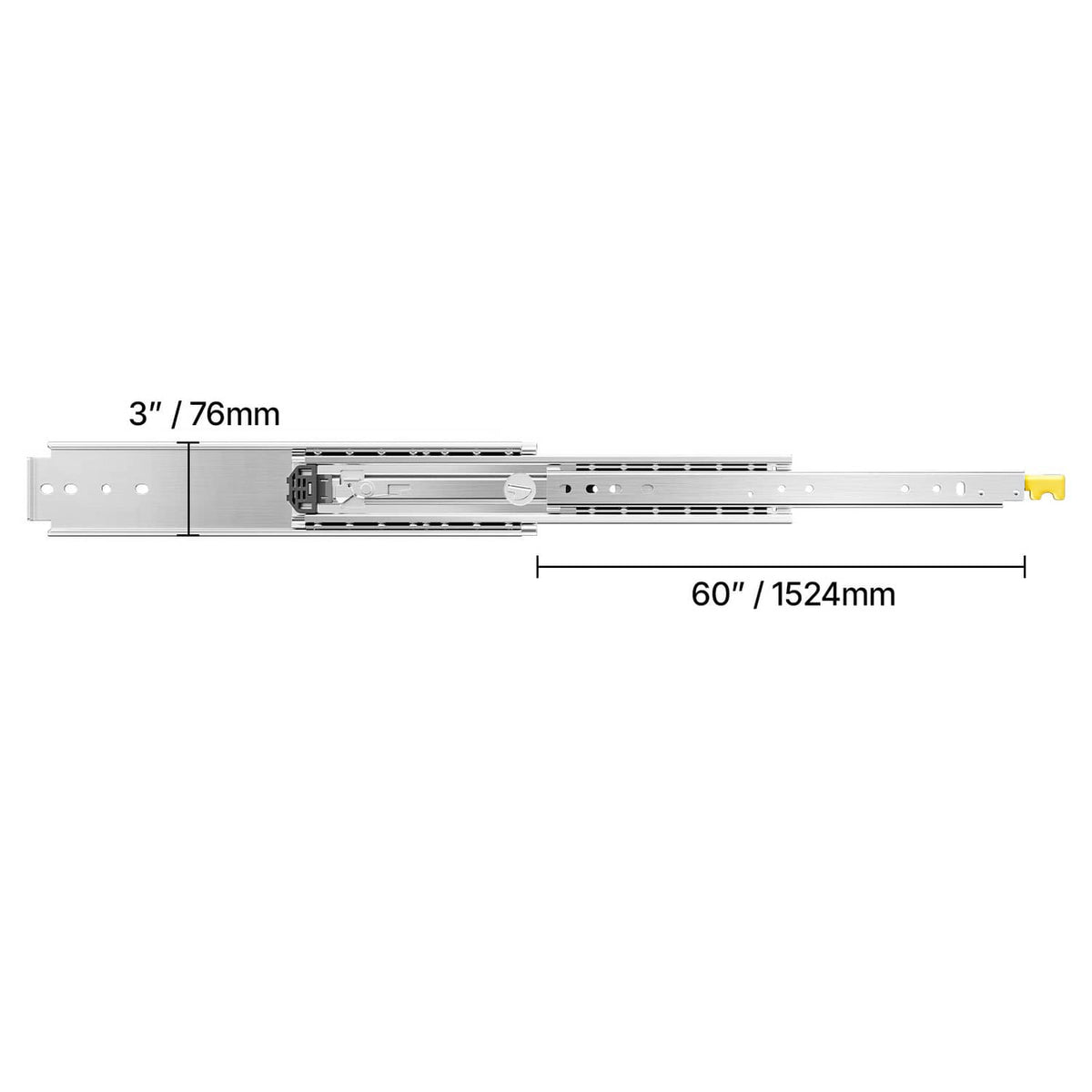 60 in drawer slide rail length diagram with height measurement, silver metal.