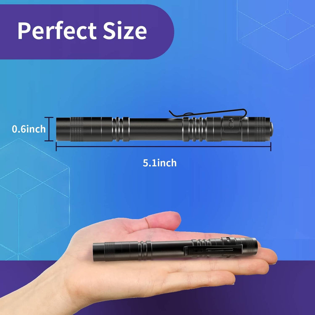 Compact black UV pen flashlight size shown with hand for scale