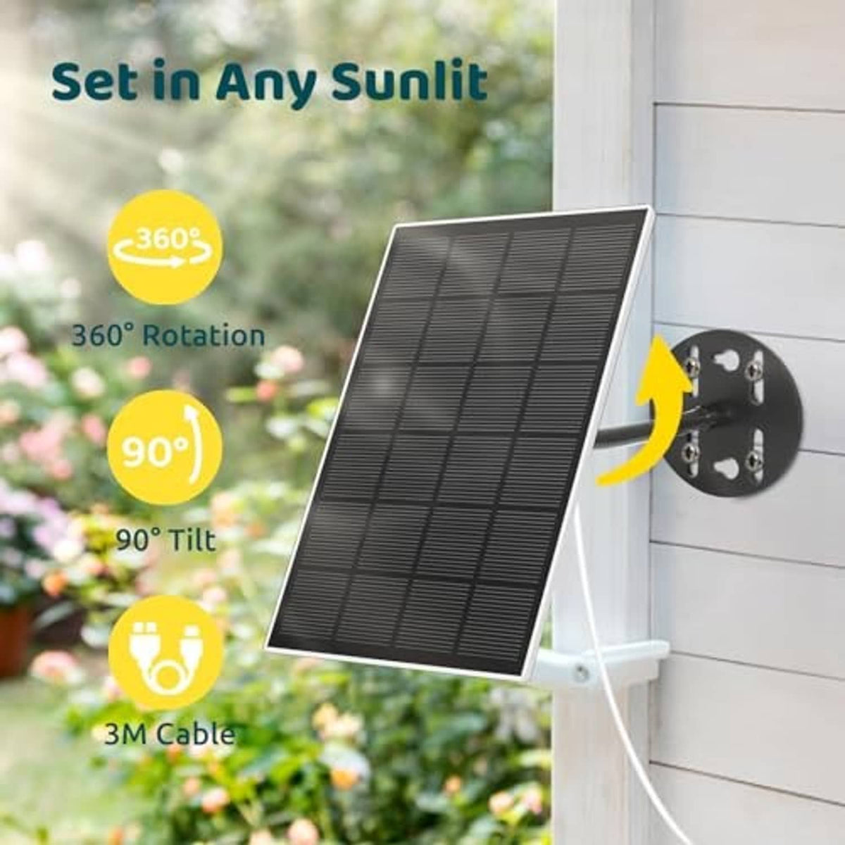 Black solar panel with wall mount and charging cable for bird camera power