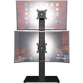 Vertical dual monitor stand with stacked mounts and black base riser