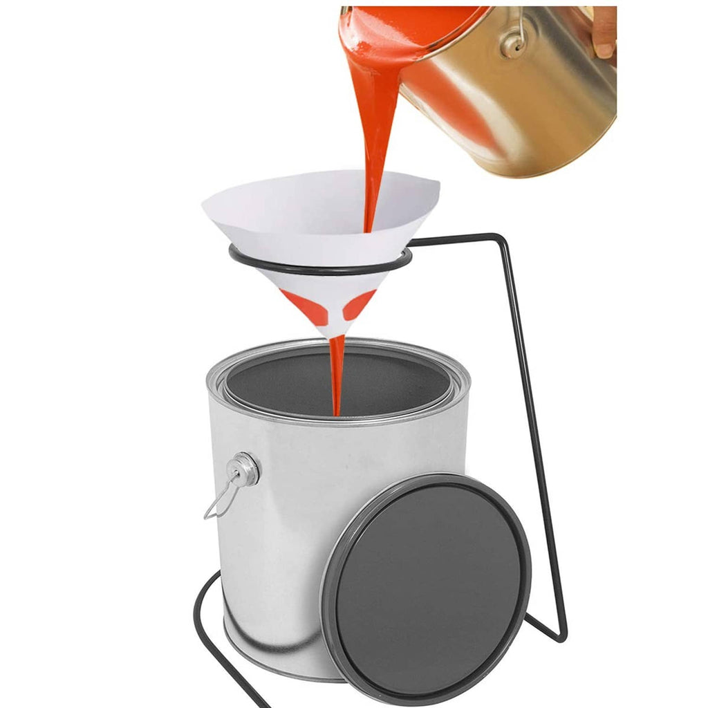 Paint cone strainer filter set in a bucket during pouring and filtering