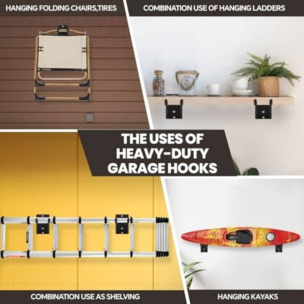 Compact black steel garage hooks for hanging items, with wall-mount plates