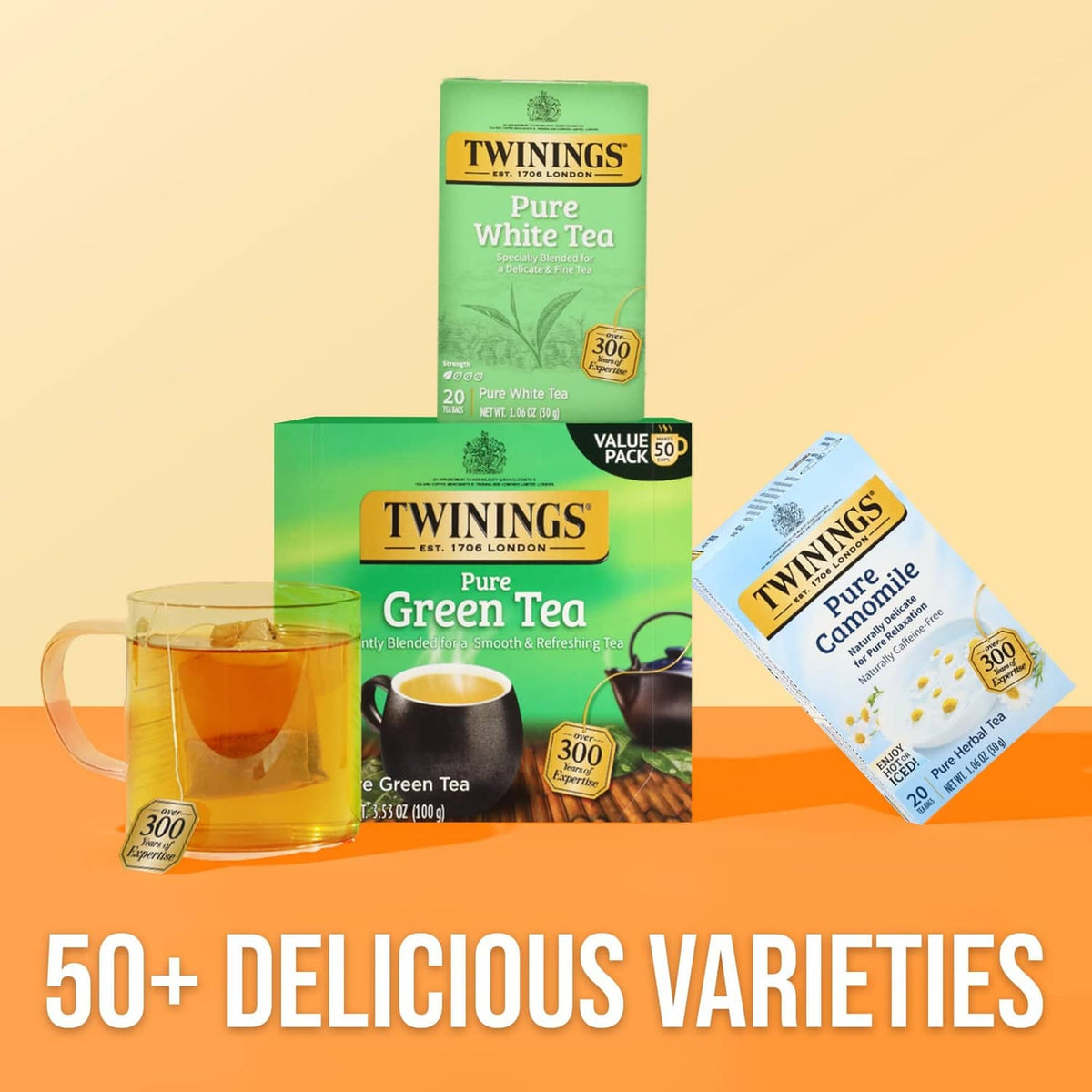 Twinings Pure White Tea cartons with boxed tea bag pack and tea cup