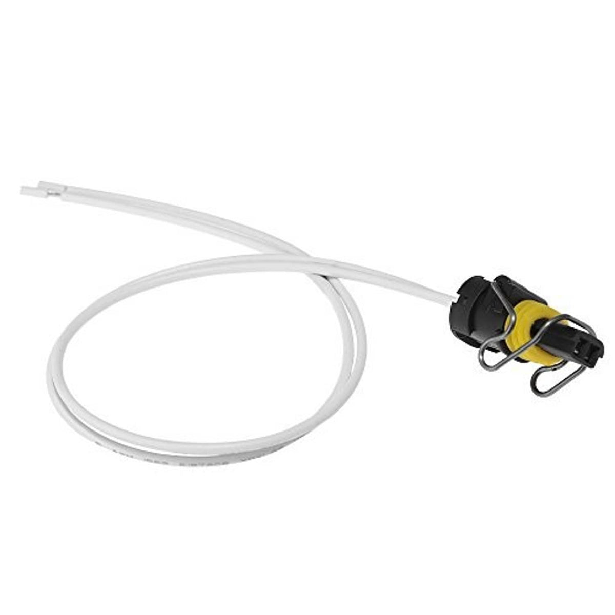 2-wire pigtail connector with white wires and black plug plus yellow insert