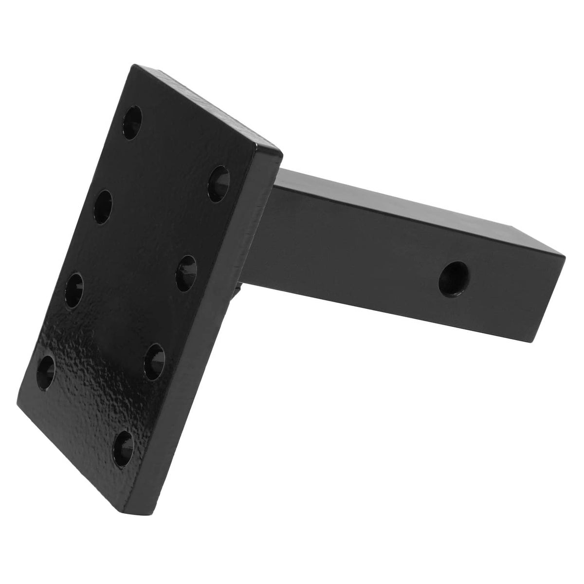 Hitch mounting plate with triangular base, perforations, and long arm, black steel