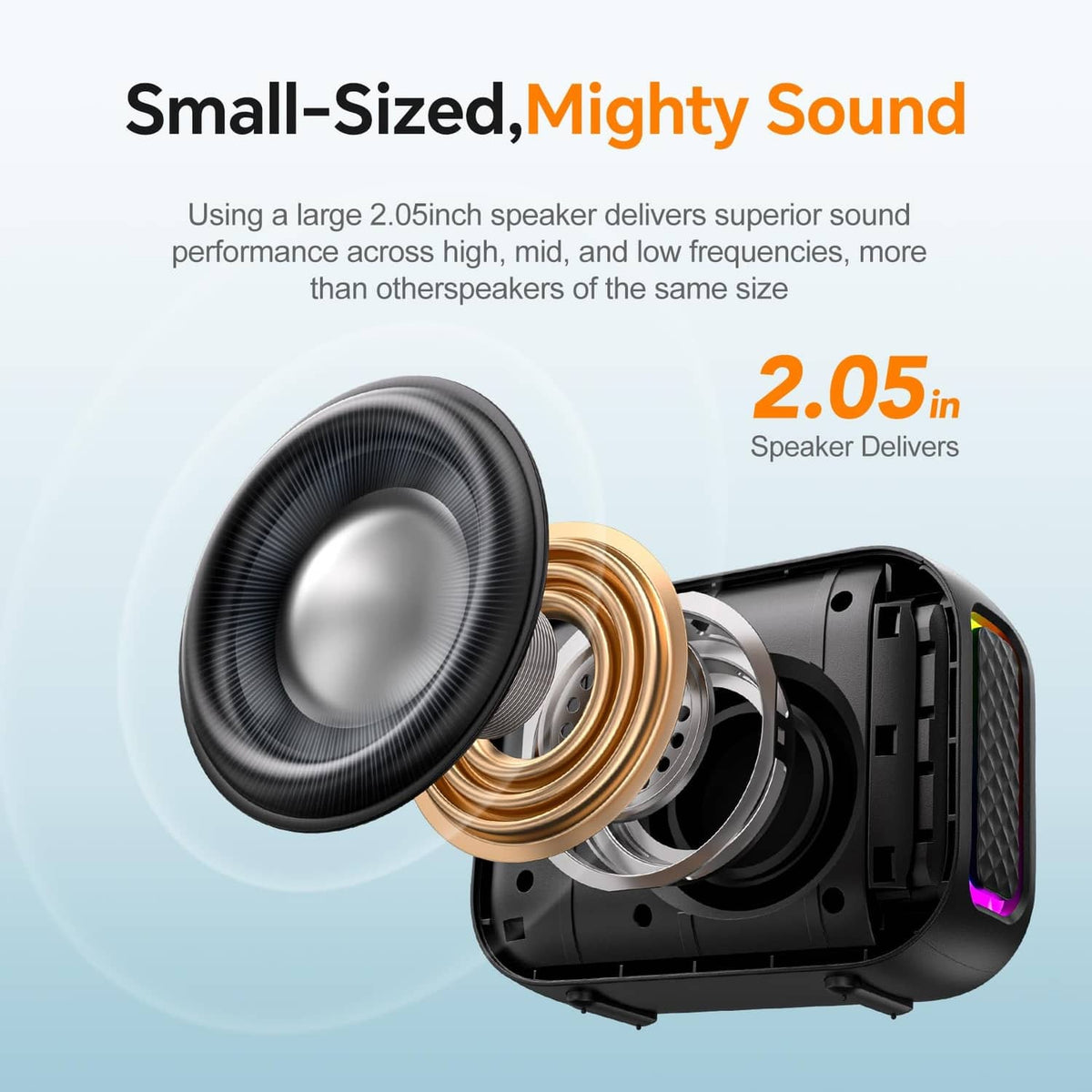 Portable Bluetooth speaker cutaway, showing large driver and internal bass ports