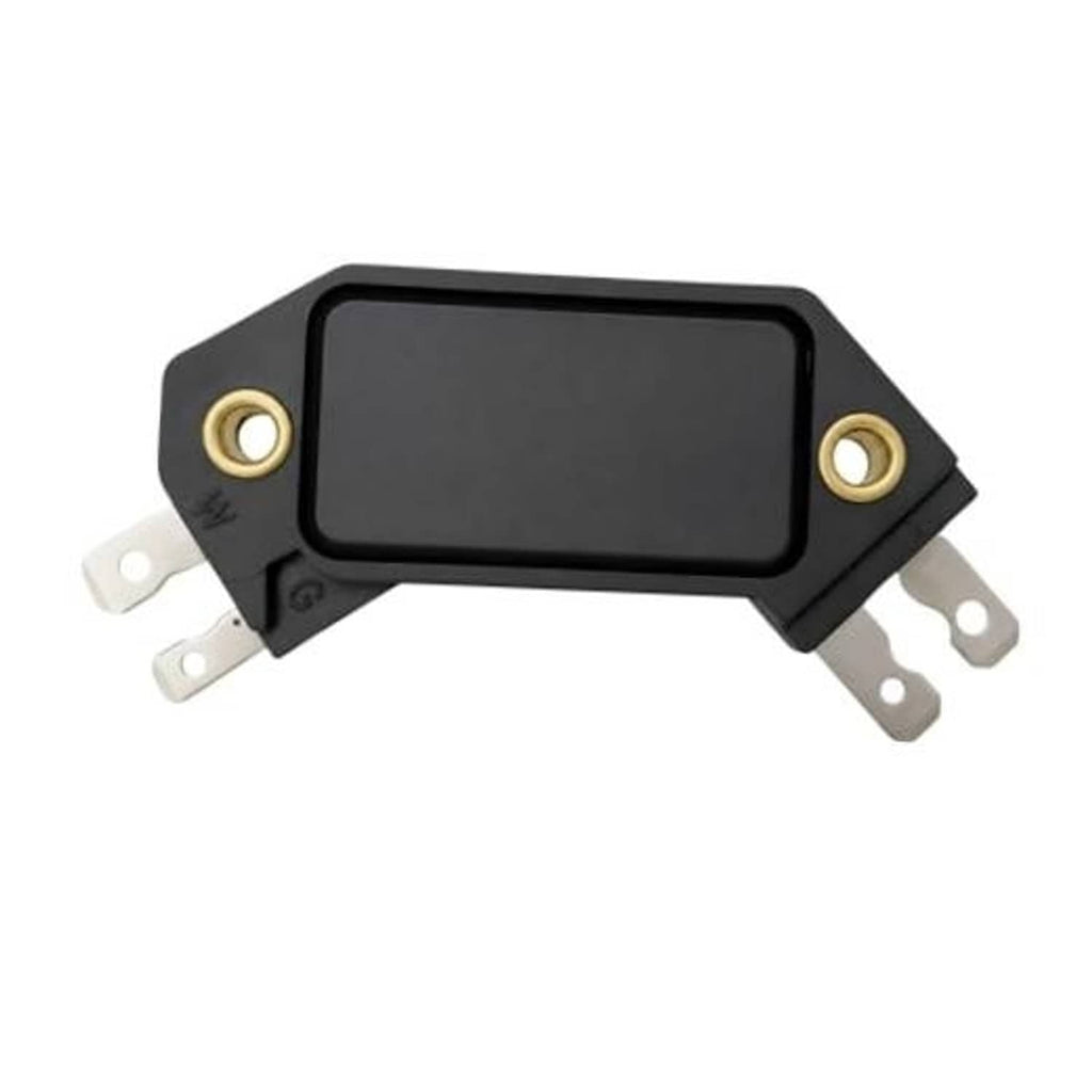 Black ignition control module with two mounting ears and gold terminals